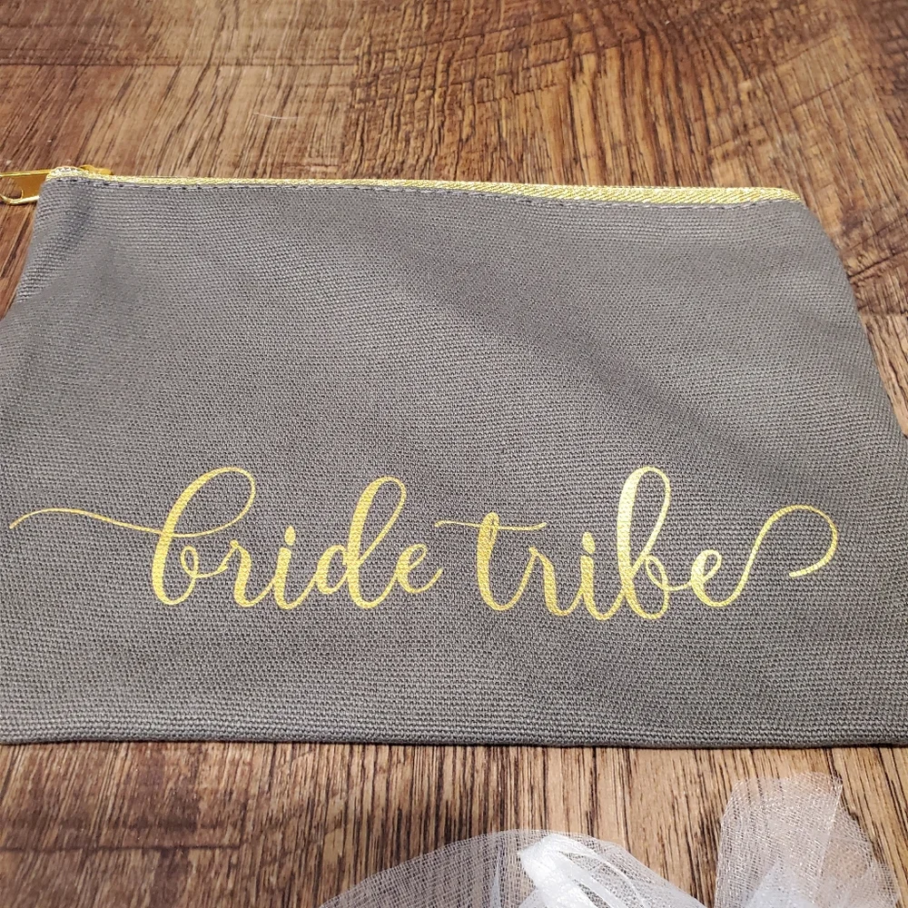 Bride Tribe Gold Gray Metallic Cosmetic Bag Makeup Pouch Pearl Bobby Pins Hair
